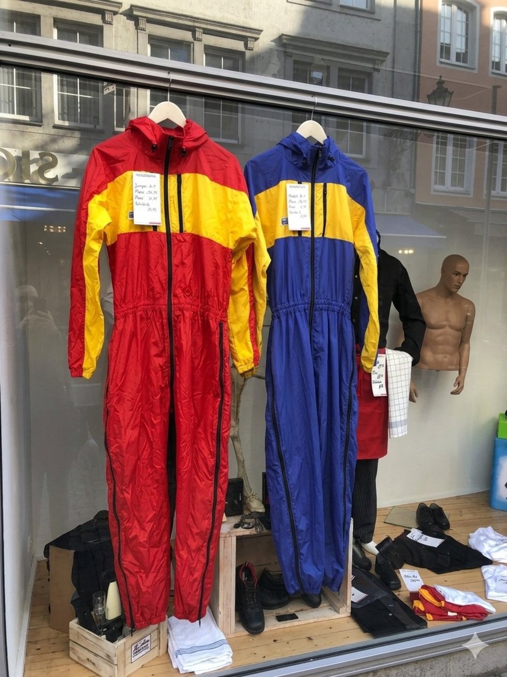 Two Pair Serra Colorblock Hooded One-Piece Red with Yellow, Blue with yellow.